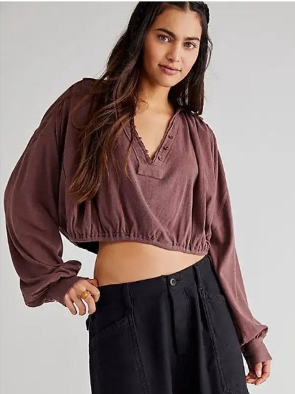 Free People We the Free Darren Crop Long sleeve linen cotton Tee Chimney Brown